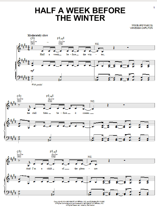 Vanessa Carlton Half A Week Before The Winter sheet music notes and chords arranged for Piano, Vocal & Guitar Chords (Right-Hand Melody)