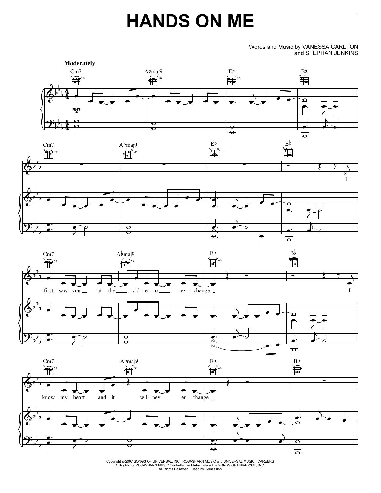 Vanessa Carlton Hands On Me sheet music notes and chords arranged for Piano, Vocal & Guitar Chords (Right-Hand Melody)