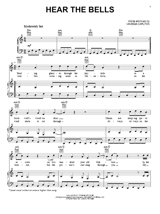 Vanessa Carlton Hear The Bells sheet music notes and chords arranged for Piano, Vocal & Guitar Chords (Right-Hand Melody)