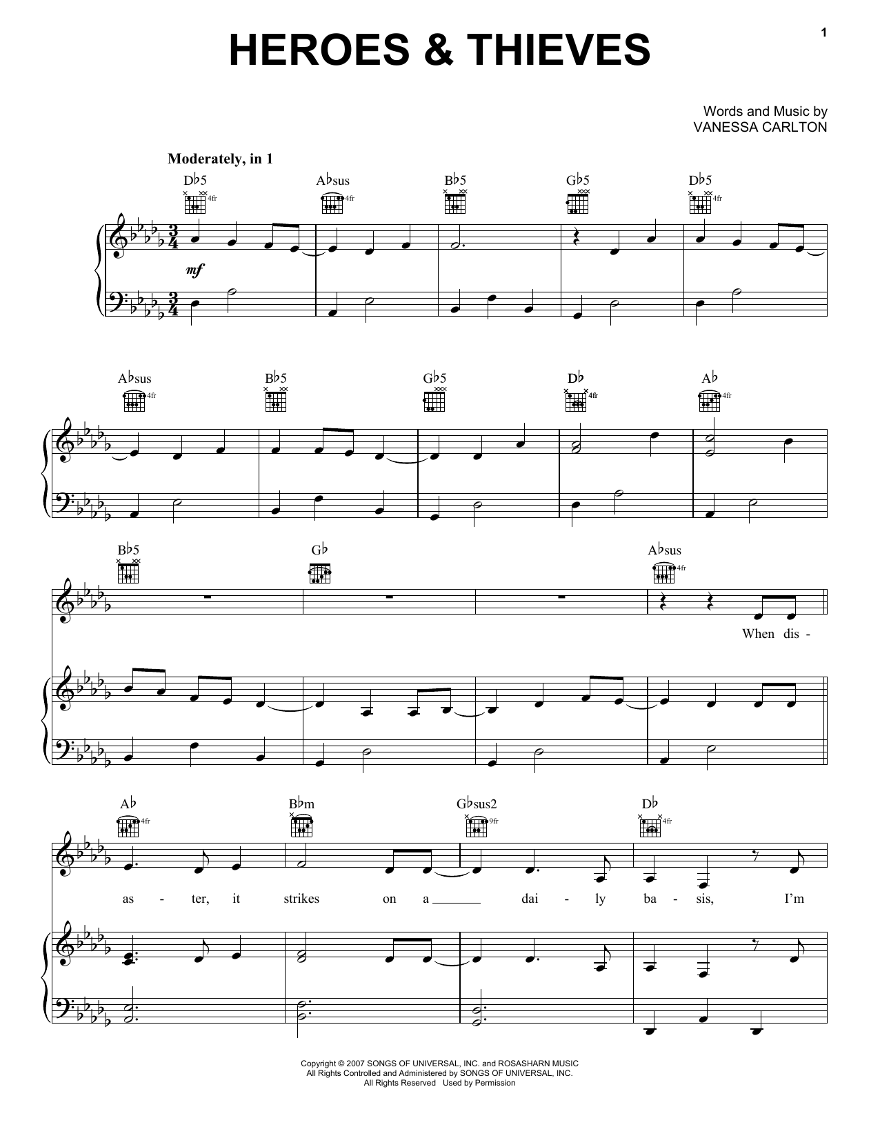 Vanessa Carlton Heroes & Thieves sheet music notes and chords arranged for Piano, Vocal & Guitar Chords (Right-Hand Melody)