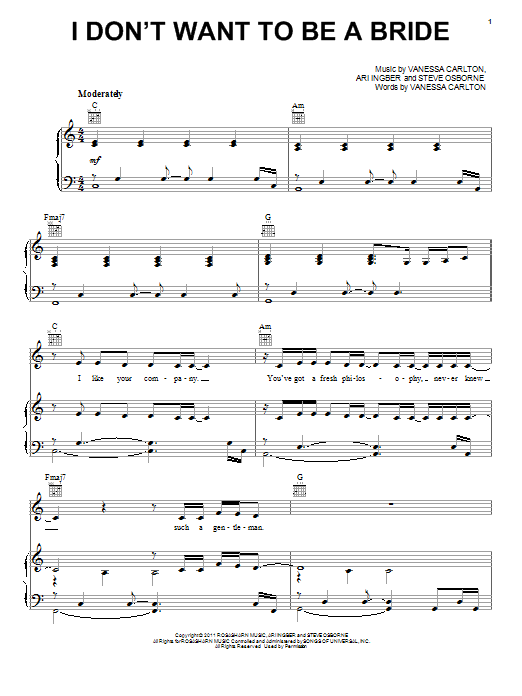 Vanessa Carlton I Don't Want To Be A Bride sheet music notes and chords arranged for Piano, Vocal & Guitar Chords (Right-Hand Melody)