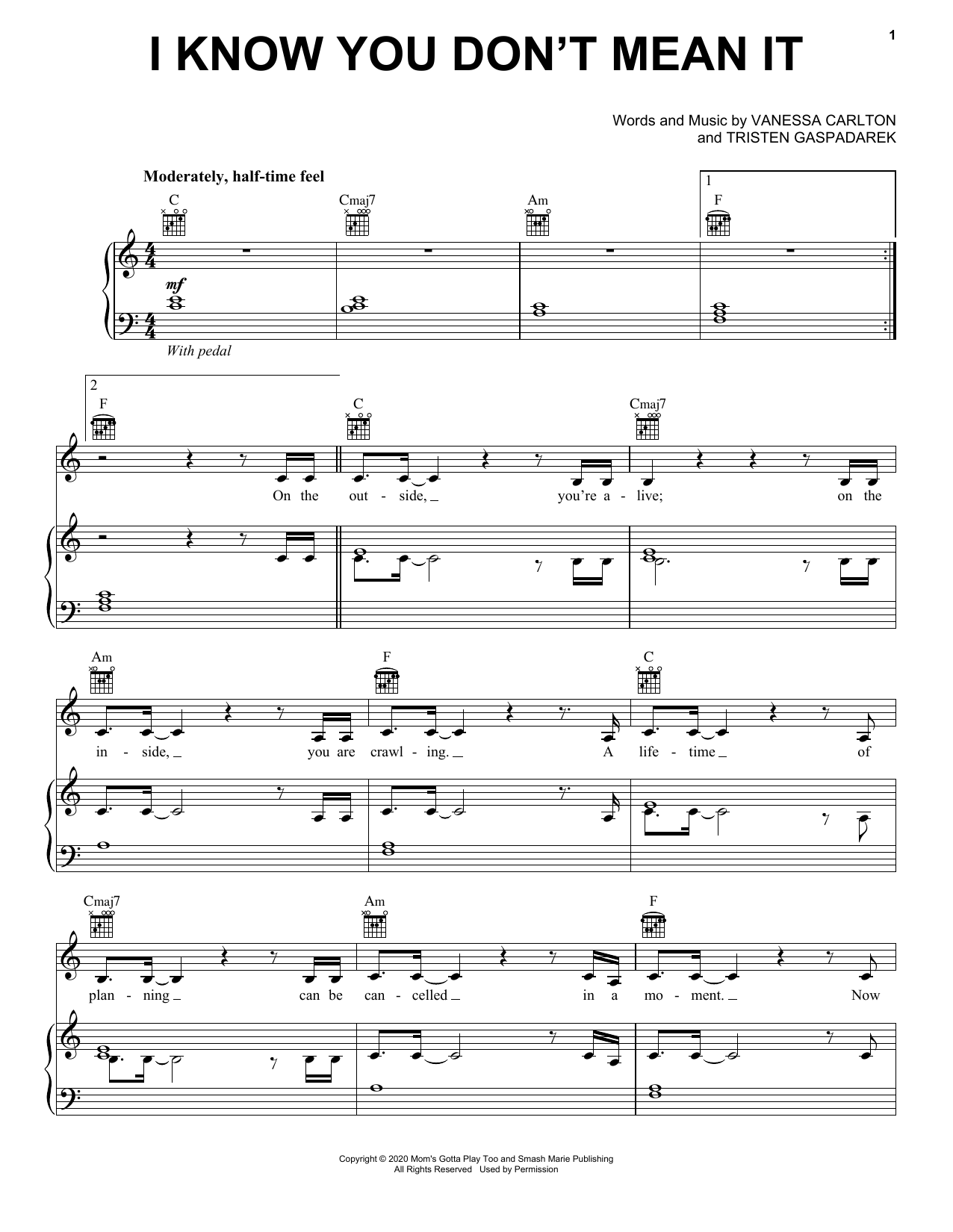Vanessa Carlton I Know You Don't Mean It sheet music notes and chords arranged for Piano, Vocal & Guitar Chords (Right-Hand Melody)