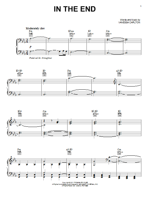 Vanessa Carlton In The End sheet music notes and chords arranged for Piano, Vocal & Guitar Chords (Right-Hand Melody)