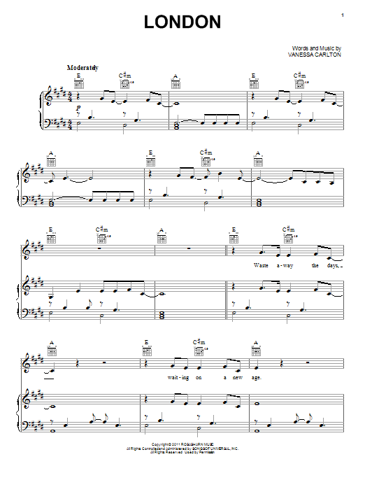 Vanessa Carlton London sheet music notes and chords arranged for Piano, Vocal & Guitar Chords (Right-Hand Melody)