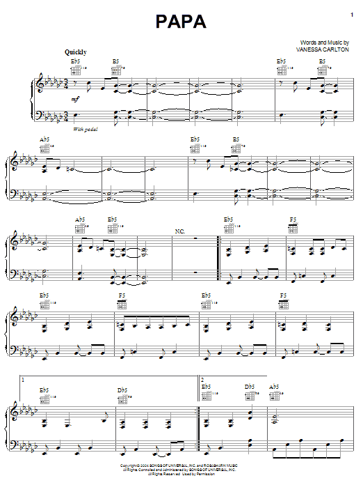 Vanessa Carlton Papa sheet music notes and chords arranged for Piano, Vocal & Guitar Chords (Right-Hand Melody)