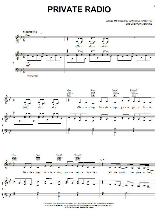 Vanessa Carlton Private Radio sheet music notes and chords arranged for Piano, Vocal & Guitar Chords (Right-Hand Melody)