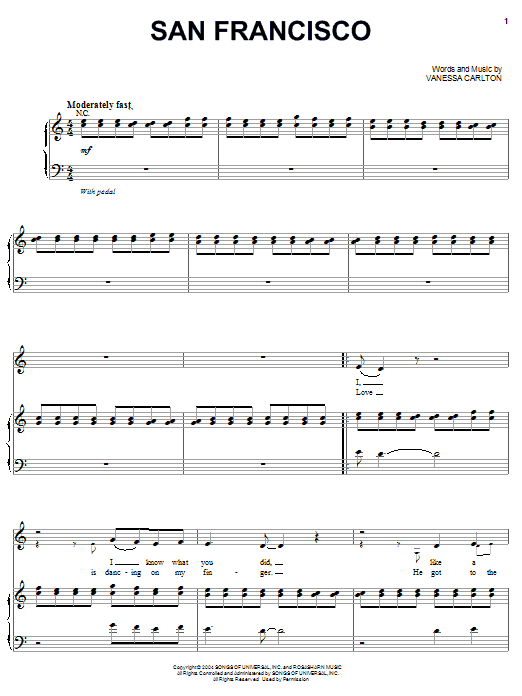 Vanessa Carlton San Francisco sheet music notes and chords arranged for Piano, Vocal & Guitar Chords (Right-Hand Melody)