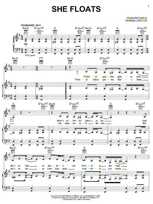 Vanessa Carlton She Floats sheet music notes and chords arranged for Piano, Vocal & Guitar Chords (Right-Hand Melody)
