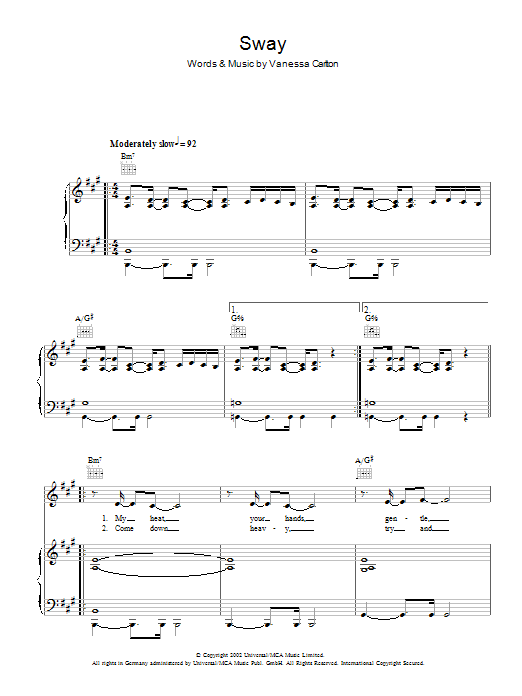 Vanessa Carlton Sway sheet music notes and chords arranged for Piano, Vocal & Guitar Chords