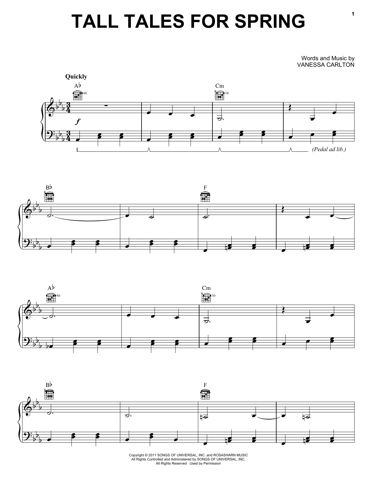 Vanessa Carlton Tall Tales For Spring sheet music notes and chords arranged for Piano, Vocal & Guitar Chords (Right-Hand Melody)
