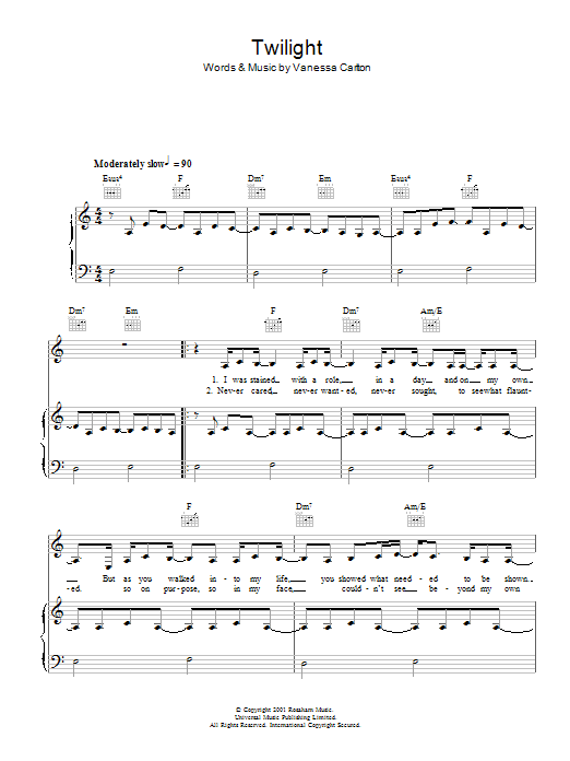 Vanessa Carlton Twilight sheet music notes and chords arranged for Piano, Vocal & Guitar Chords