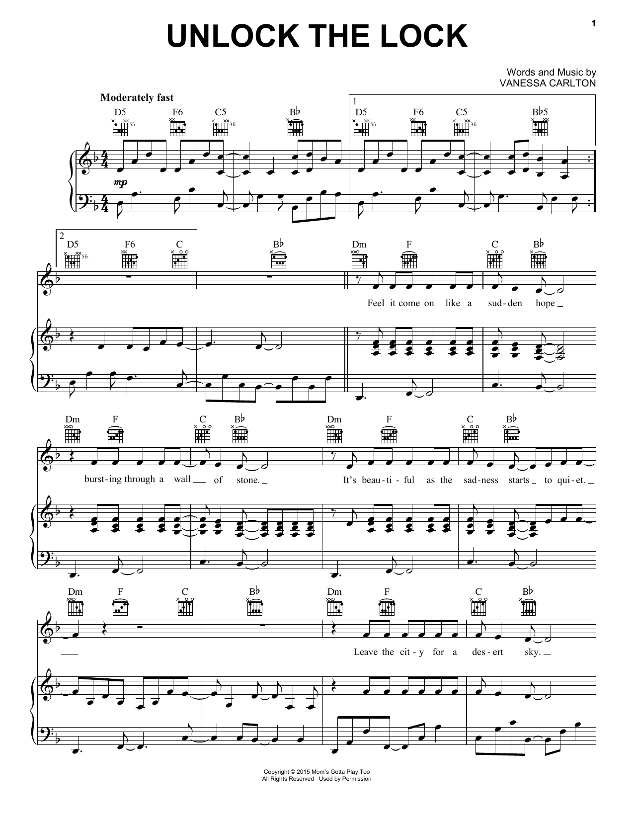 Vanessa Carlton Unlock The Lock sheet music notes and chords arranged for Piano, Vocal & Guitar Chords (Right-Hand Melody)