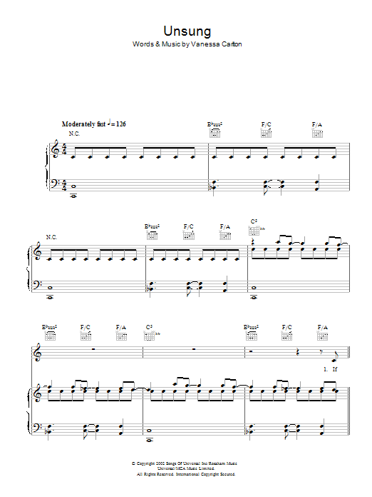 Vanessa Carlton Unsung sheet music notes and chords arranged for Piano, Vocal & Guitar Chords