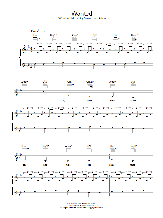 Vanessa Carlton Wanted sheet music notes and chords arranged for Piano, Vocal & Guitar Chords