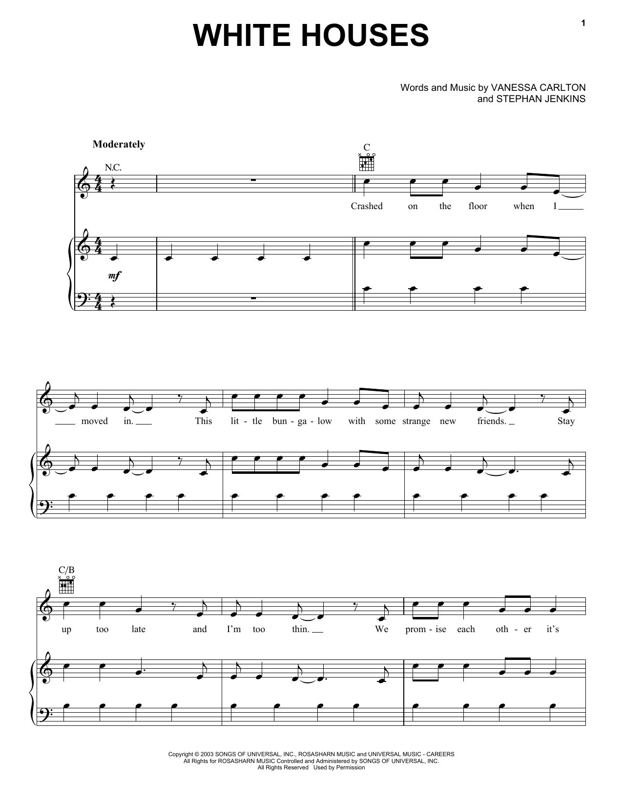 Vanessa Carlton White Houses sheet music notes and chords arranged for Piano, Vocal & Guitar Chords (Right-Hand Melody)