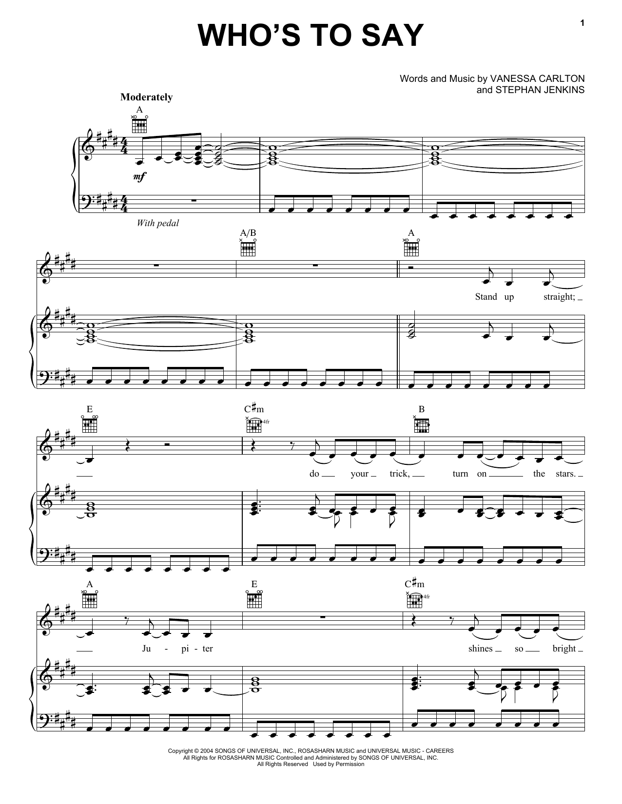 Vanessa Carlton Who's To Say sheet music notes and chords arranged for Piano, Vocal & Guitar Chords (Right-Hand Melody)