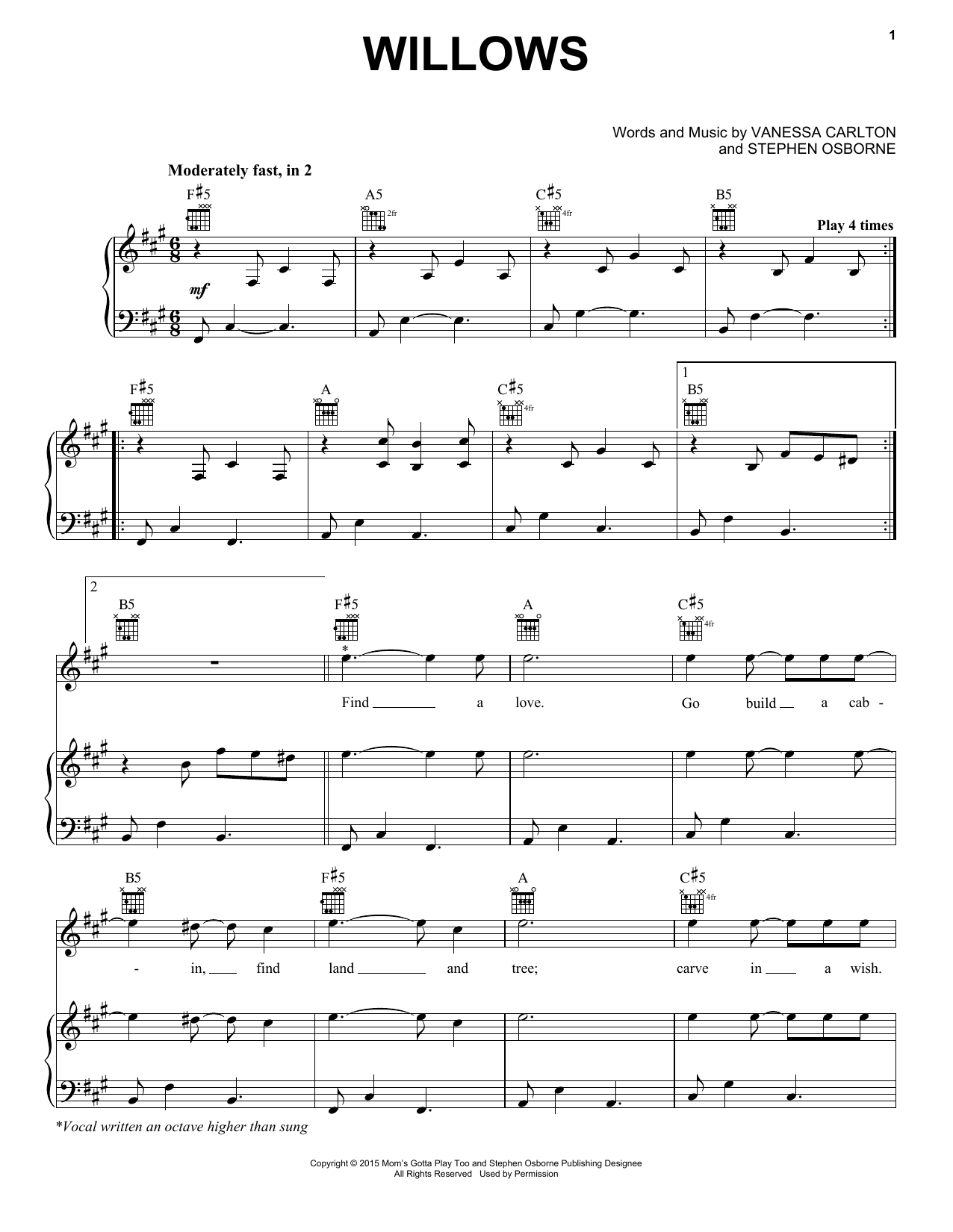 Vanessa Carlton Willows sheet music notes and chords arranged for Piano, Vocal & Guitar Chords (Right-Hand Melody)