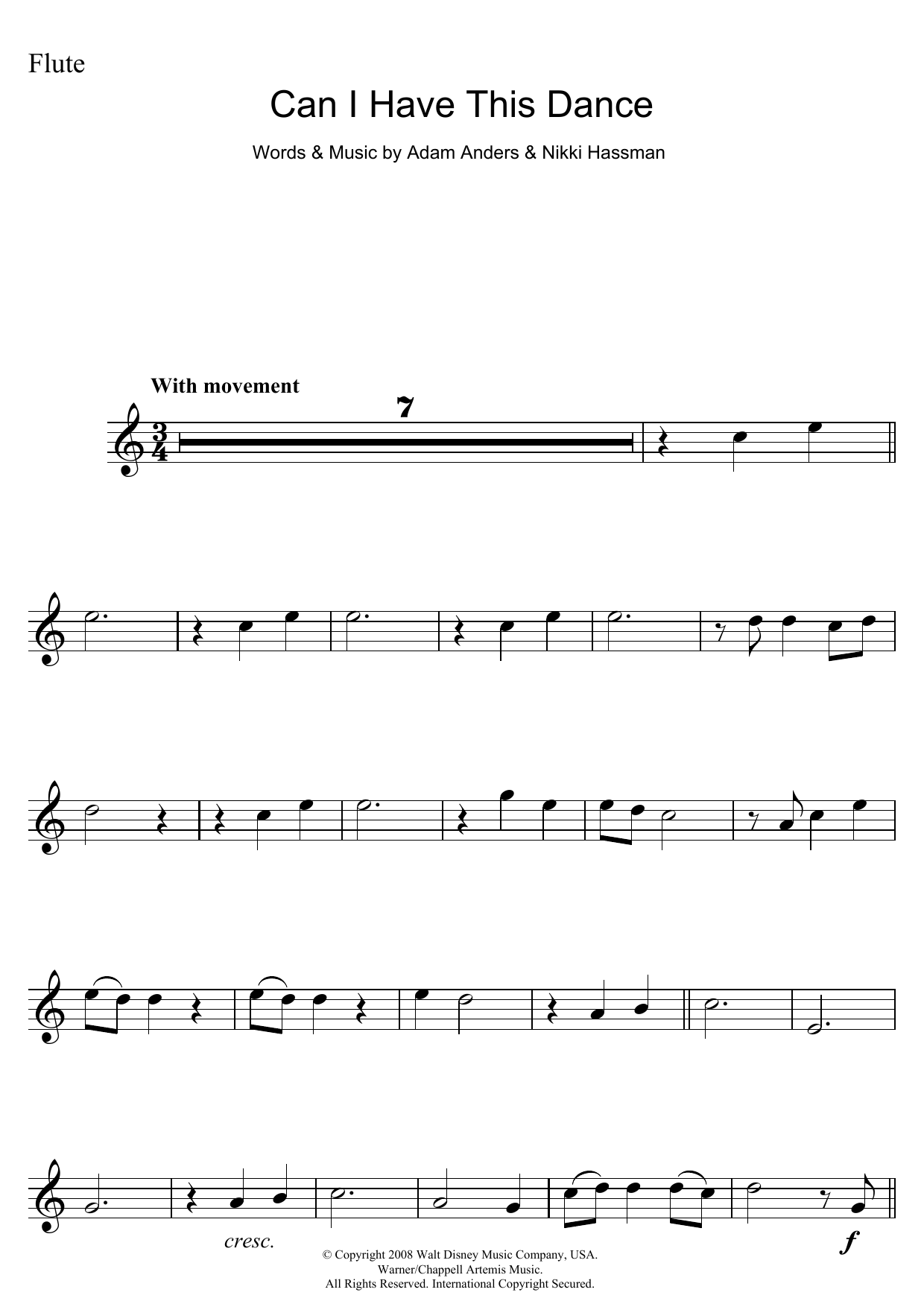 Vanessa Hudgens Can I Have This Dance (from High School Musical 3) sheet music notes and chords arranged for Flute Solo