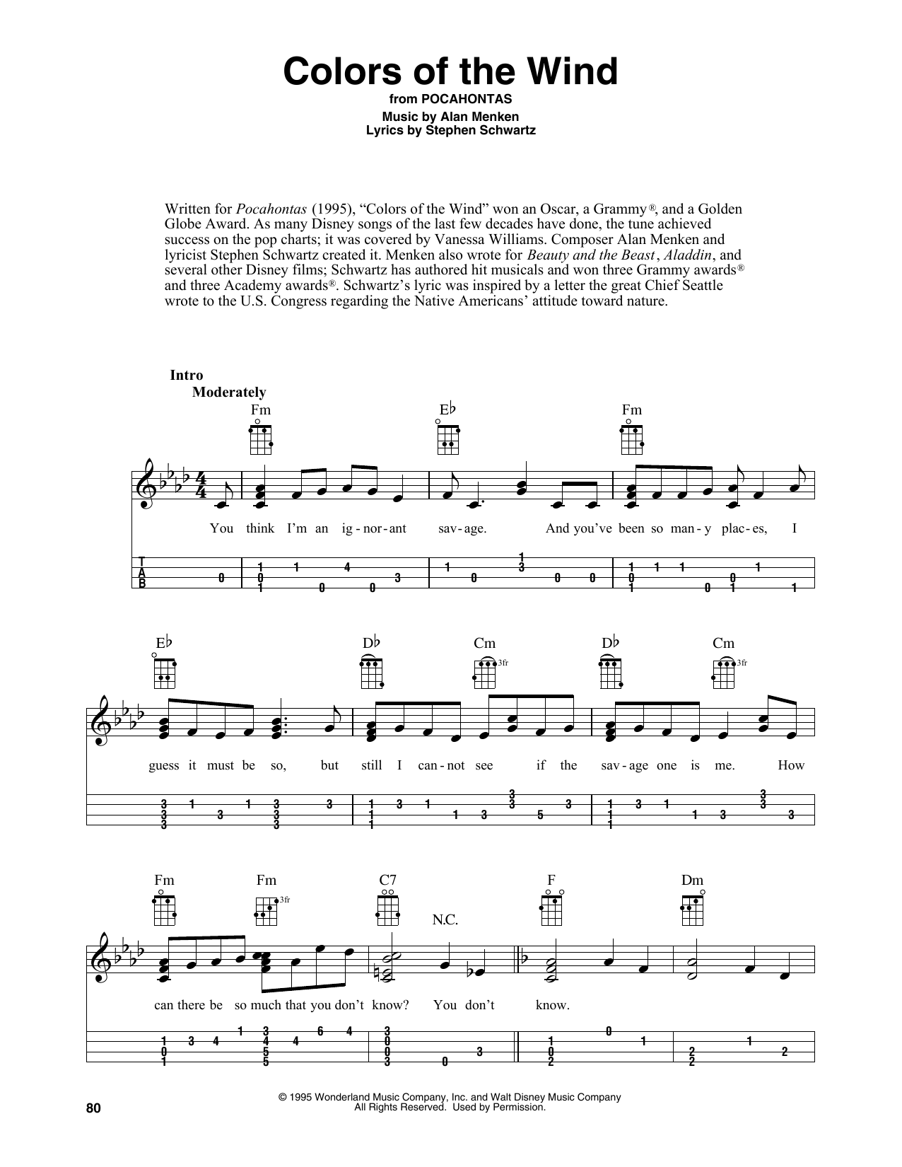 Vanessa Williams Colors Of The Wind (from Pocahontas) (arr. Fred Sokolow) sheet music notes and chords arranged for Easy Ukulele Tab