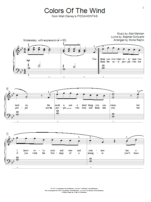 Vanessa Williams Colors Of The Wind (from Pocahontas) (arr. Mona Rejino) sheet music notes and chords arranged for Educational Piano