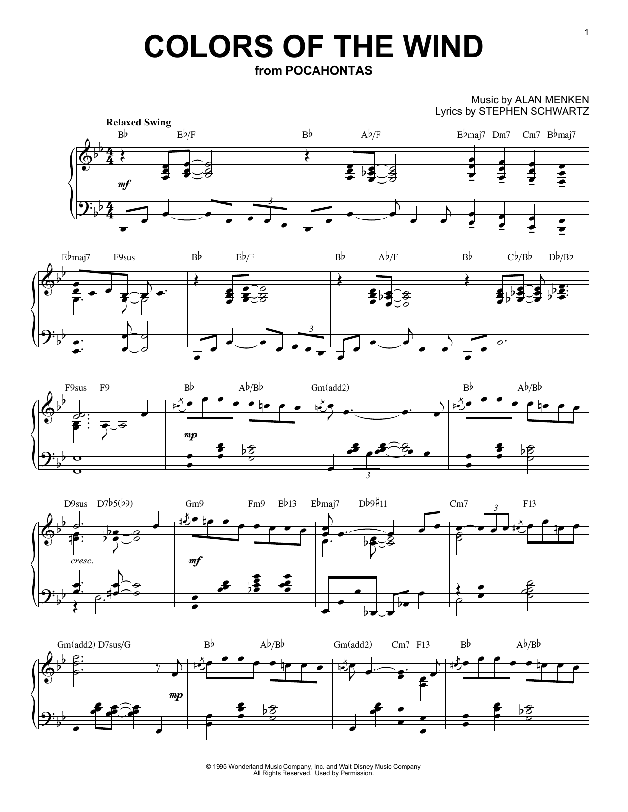 Vanessa Williams Colors Of The Wind [Jazz version] (from Pocahontas) sheet music notes and chords arranged for Piano Solo