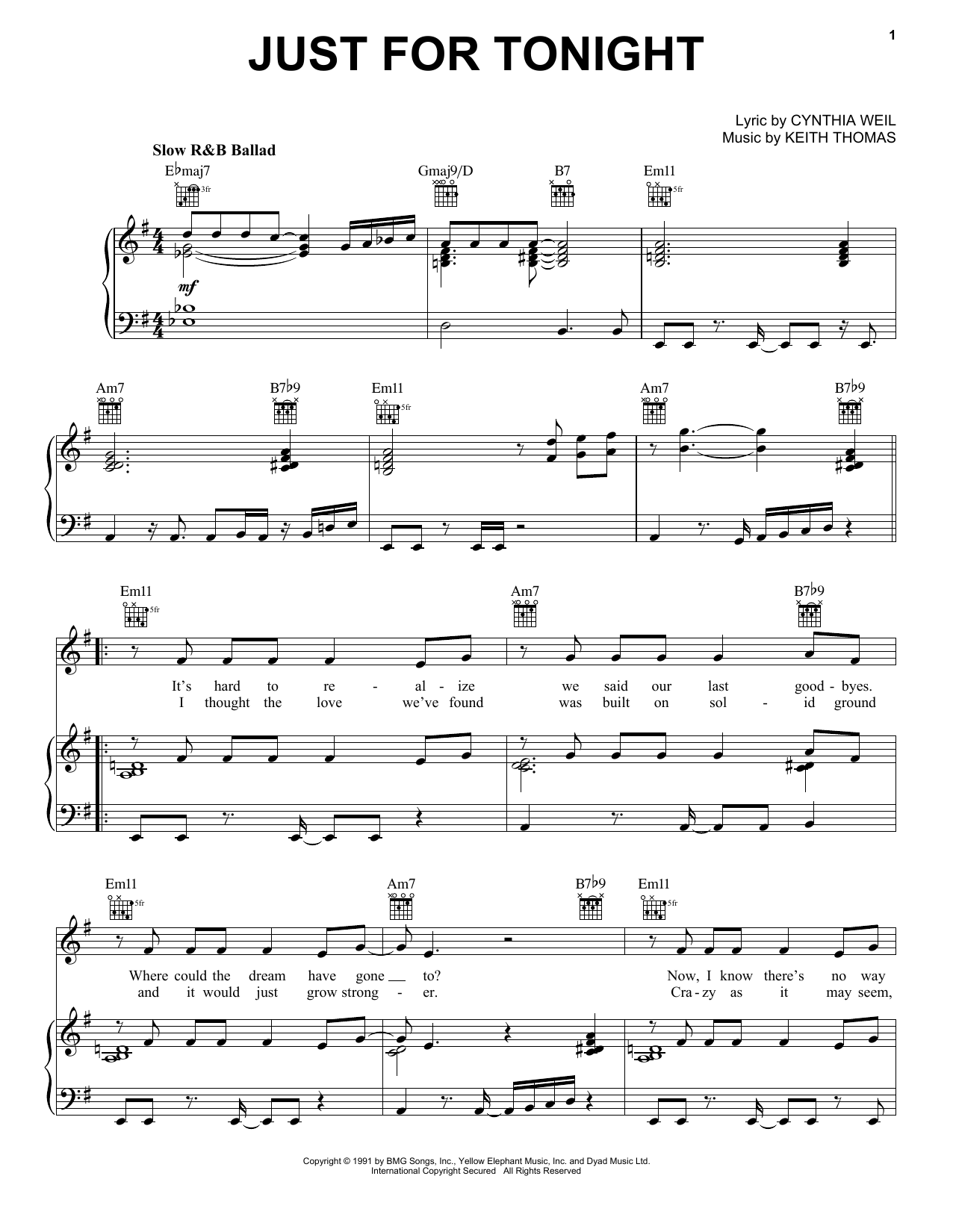 Vanessa Williams Just For Tonight sheet music notes and chords arranged for Piano, Vocal & Guitar Chords (Right-Hand Melody)