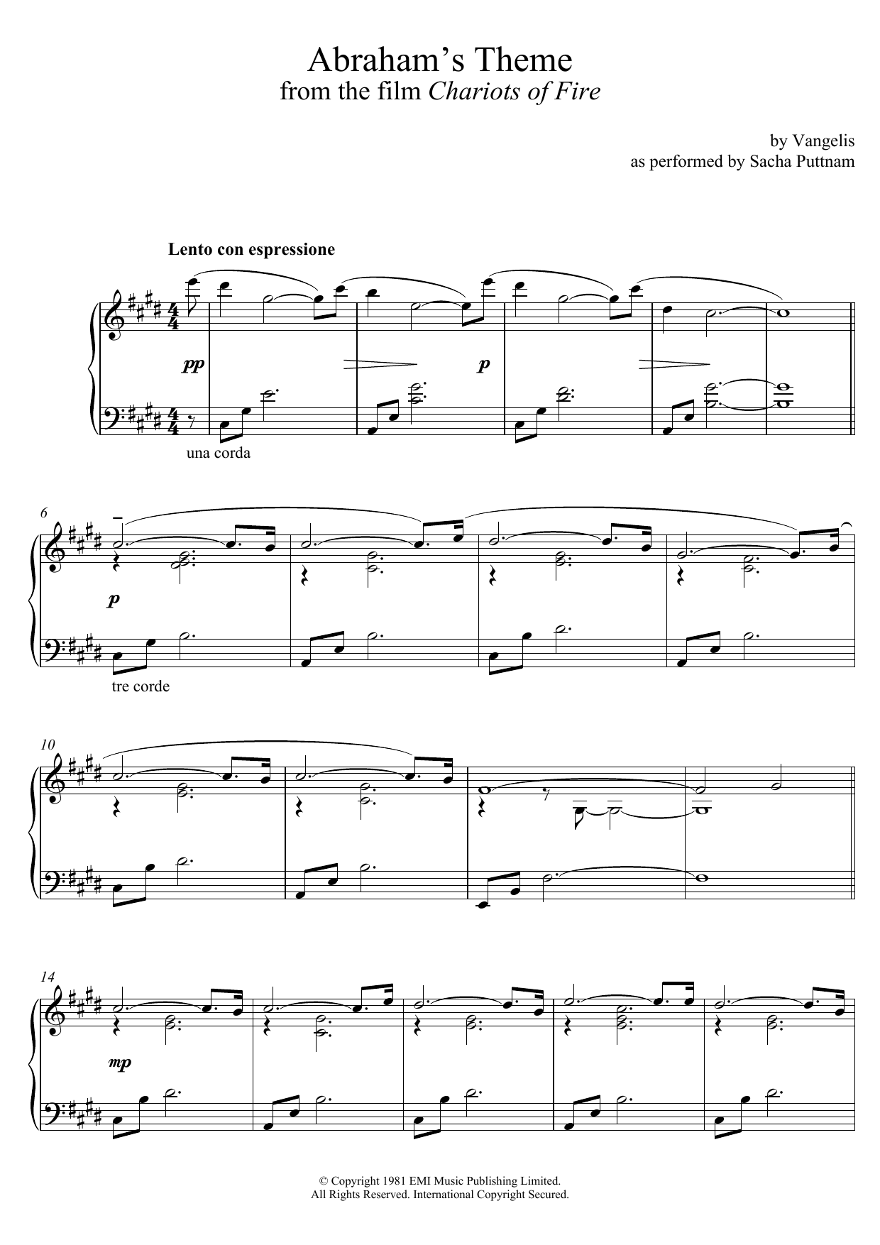 Vangelis Abraham's Theme (from Chariots Of Fire) (as performed by Sacha Puttnam) sheet music notes and chords arranged for Piano Solo