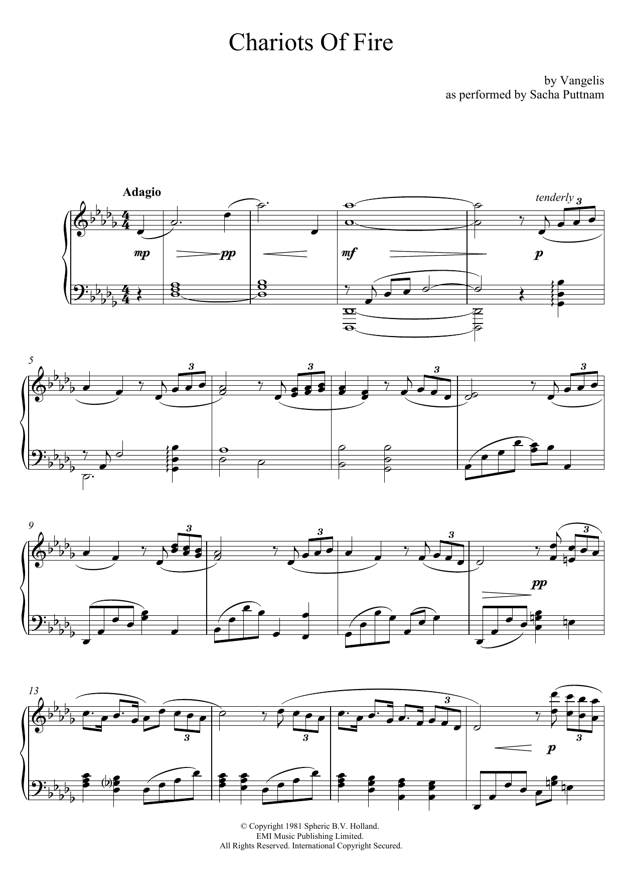 Vangelis Chariots Of Fire (as performed by Sacha Puttnam) sheet music notes and chords arranged for Piano Solo