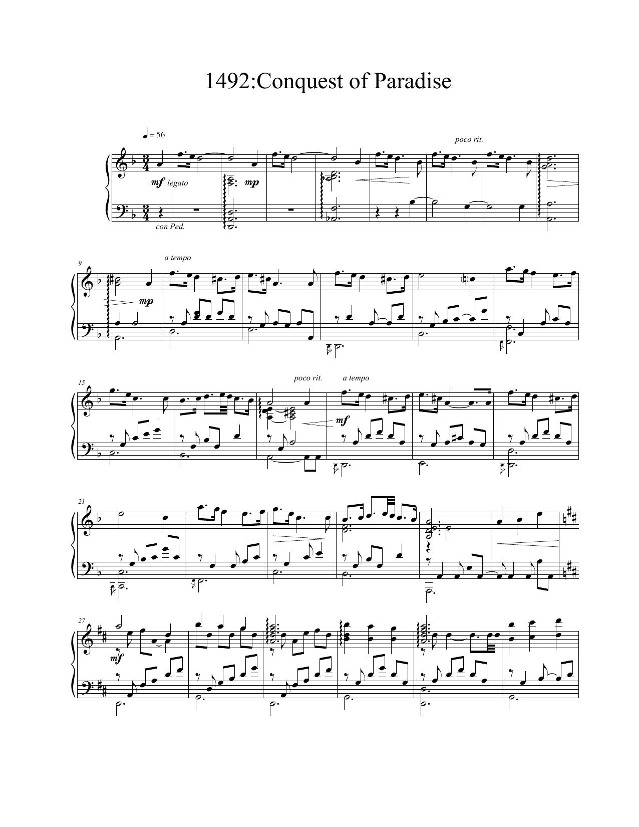 Vangelis Conquest Of Paradise sheet music notes and chords arranged for Piano Solo