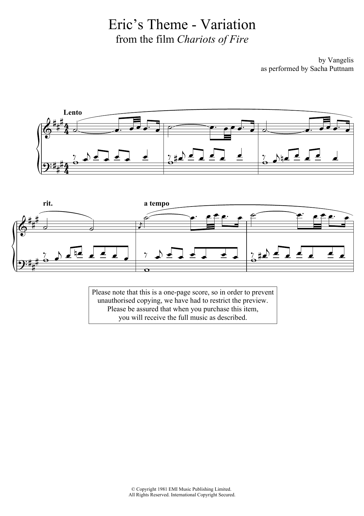 Vangelis Eric's Theme- Variation (From Chariots Of Fire) (as performed by Sacha Puttnam) sheet music notes and chords arranged for Piano Solo