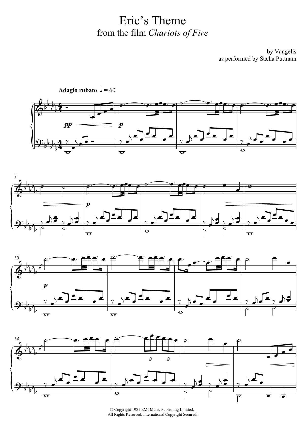 Vangelis Eric's Theme (from Chariots Of Fire) (as performed by Sacha Puttnam) sheet music notes and chords arranged for Piano Solo
