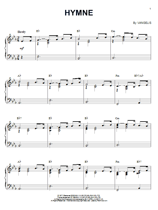 Vangelis Hymne sheet music notes and chords arranged for Alto Sax Solo