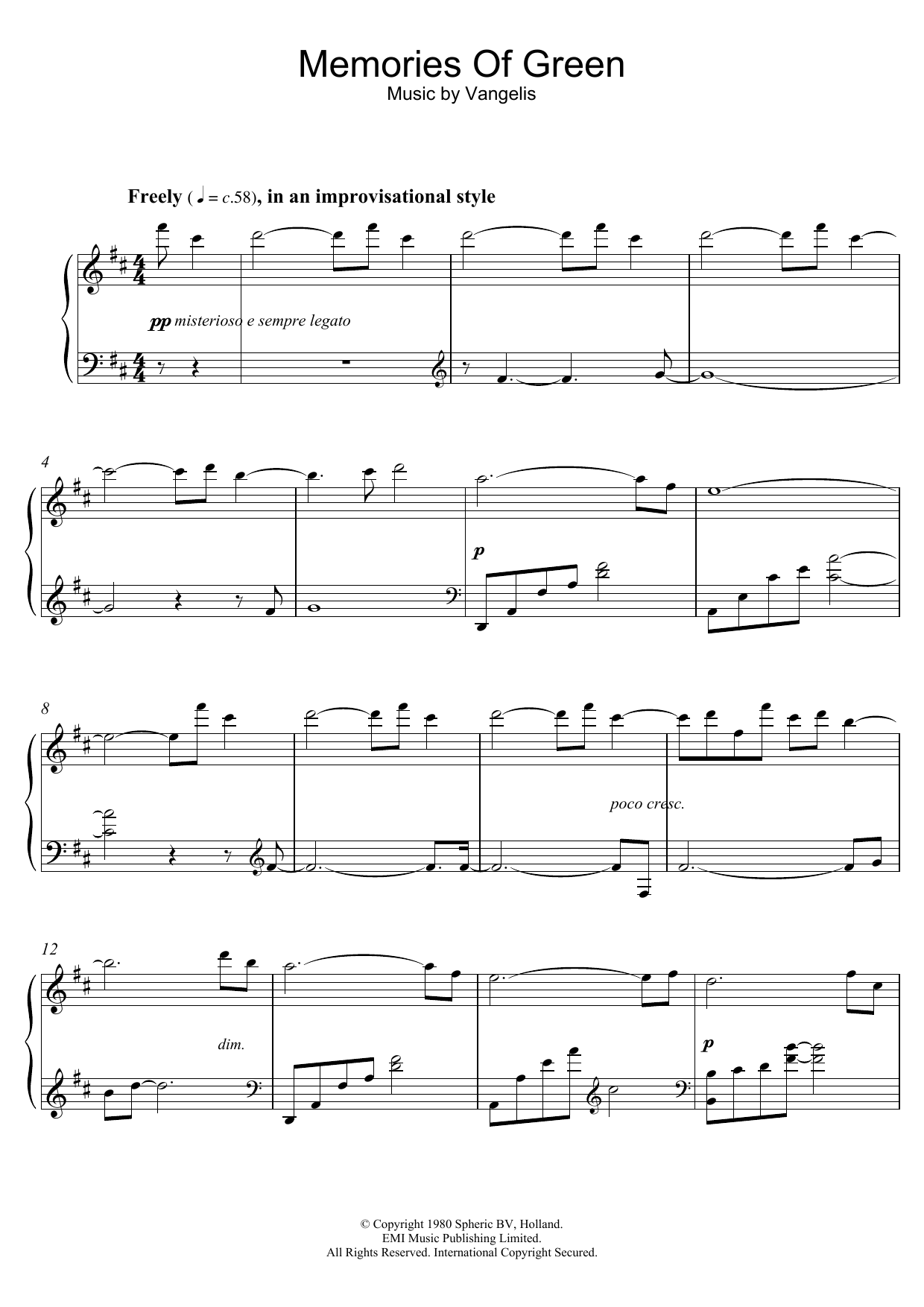 Vangelis Memories Of Green (from Blade Runner) sheet music notes and chords arranged for Piano Solo