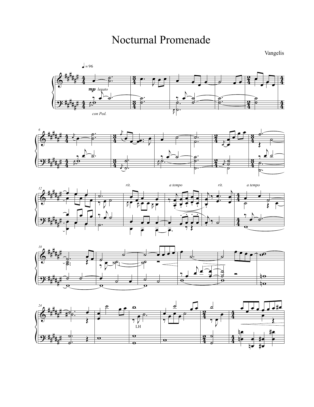 Vangelis Nocturnal Promenade sheet music notes and chords arranged for Piano Solo