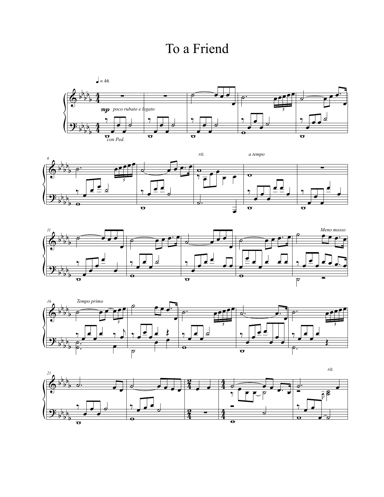 Vangelis To A Friend sheet music notes and chords arranged for Piano Solo
