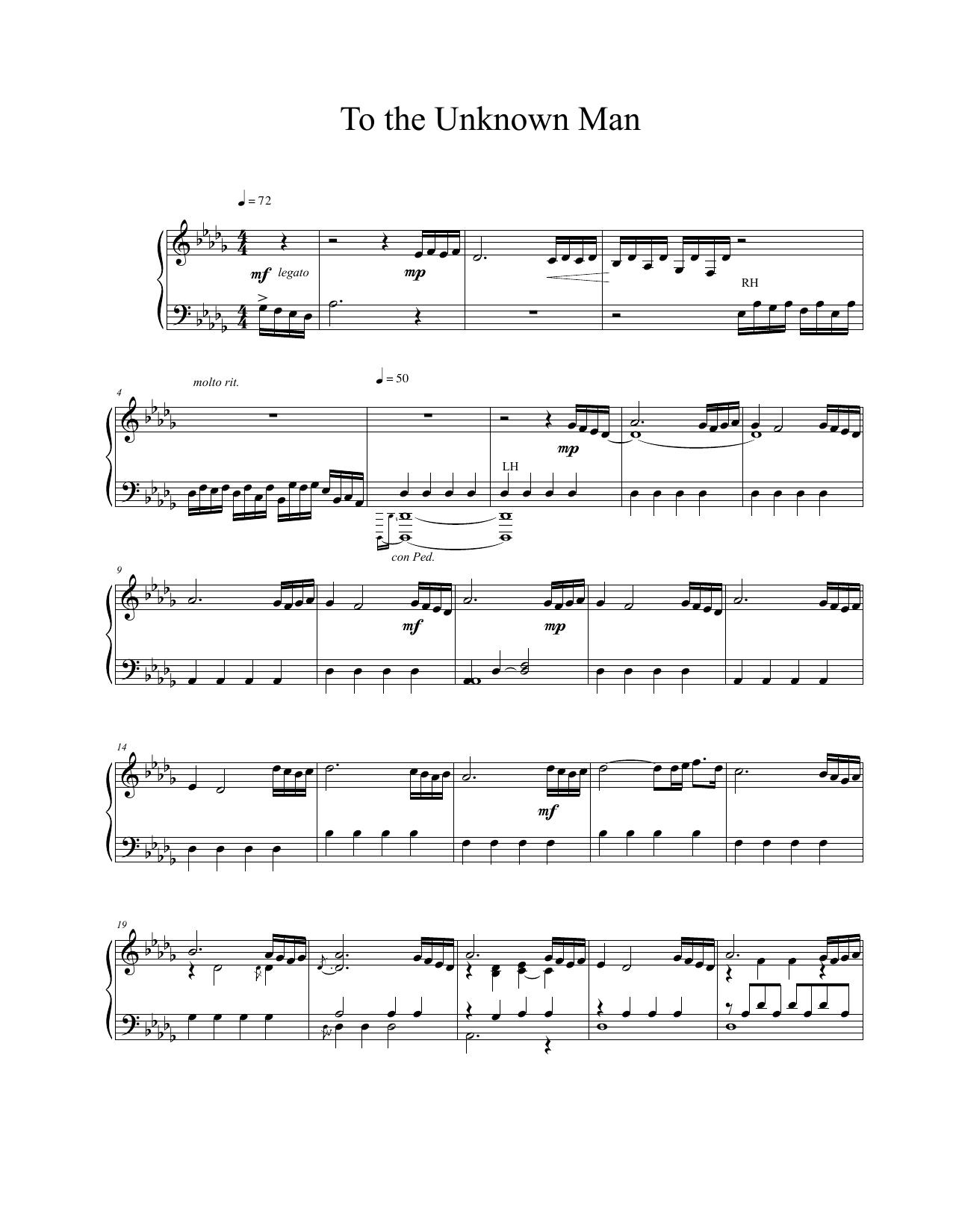 Vangelis To The Unknown Man sheet music notes and chords arranged for Piano Solo