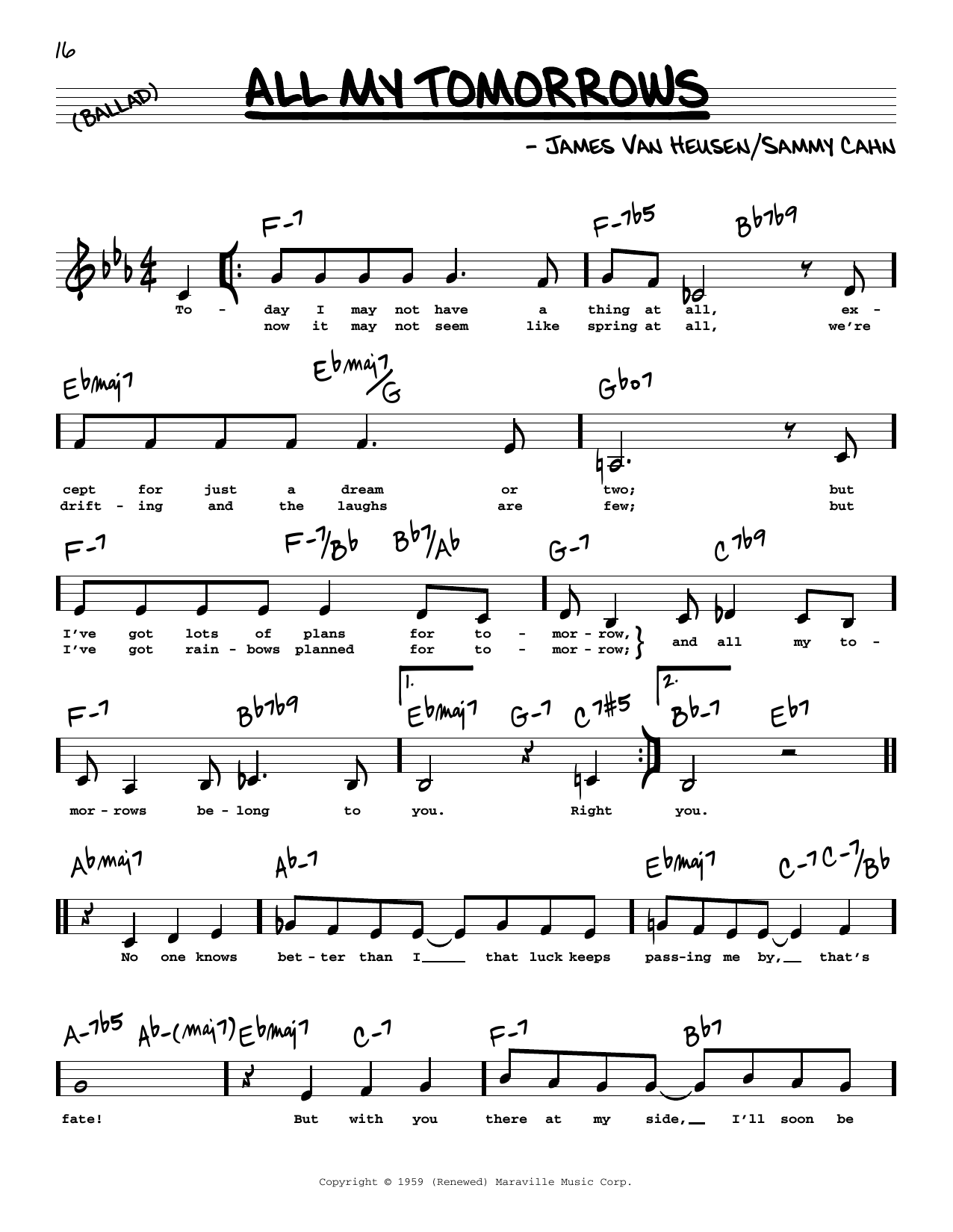 Various All My Tomorrows (Low Voice) sheet music notes and chords arranged for Real Book – Melody, Lyrics & Chords
