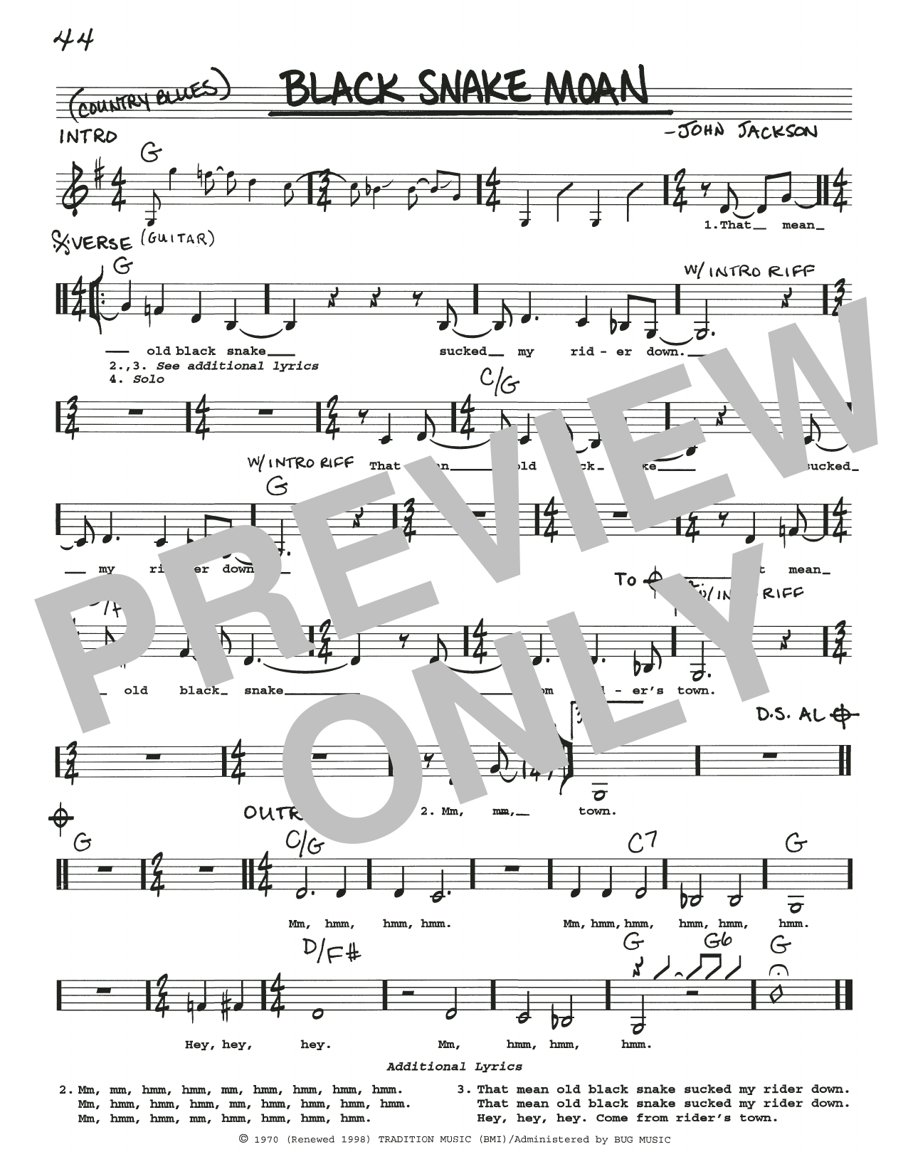 Various Black Snake Moan sheet music notes and chords arranged for Real Book – Melody, Lyrics & Chords