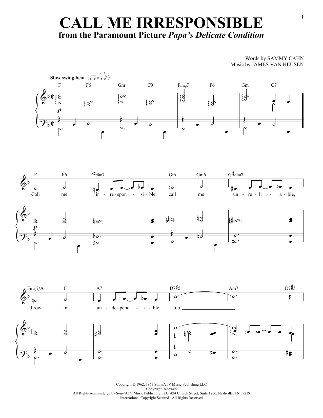 Various Call Me Irresponsible sheet music notes and chords arranged for Piano & Vocal