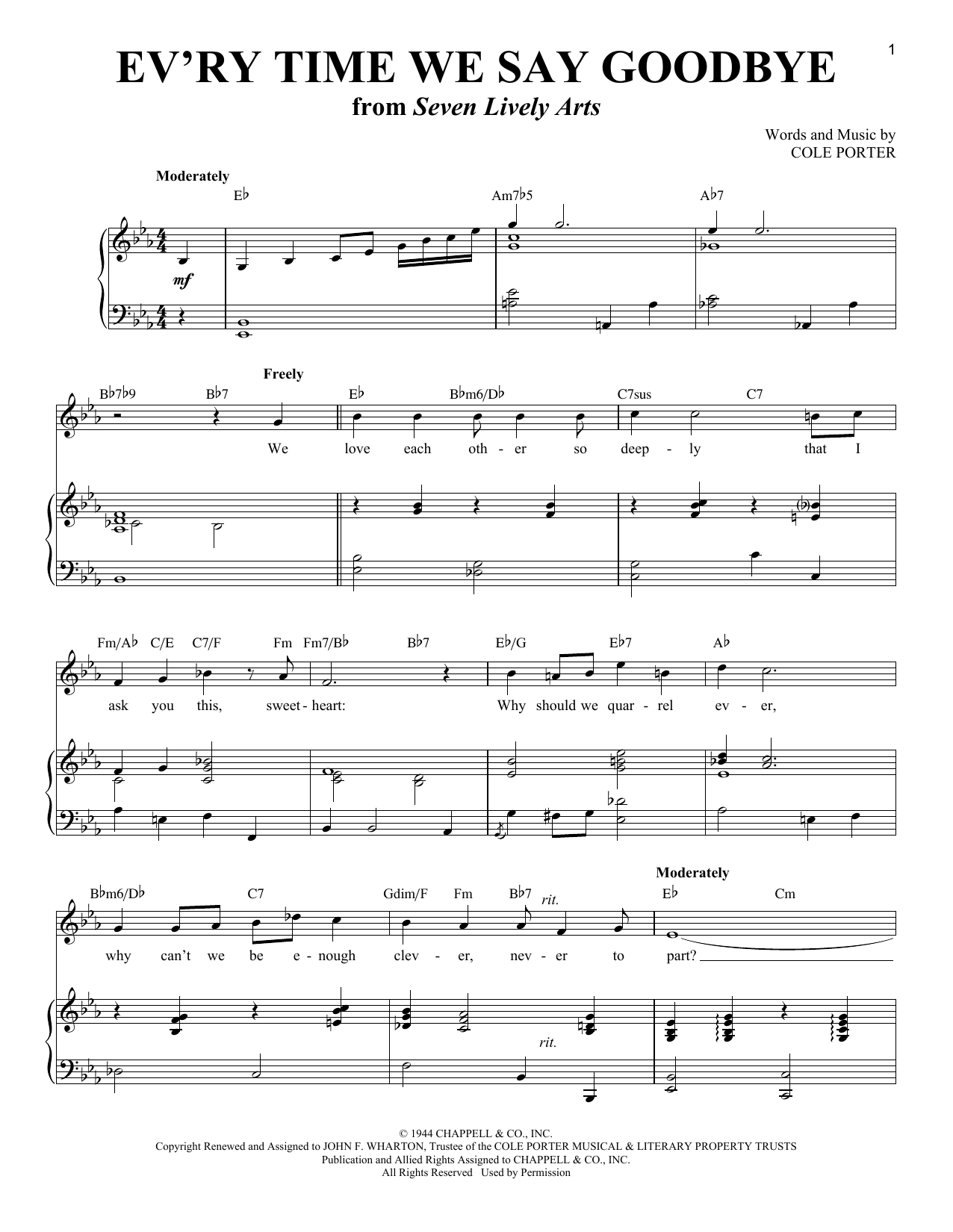 Various Ev'ry Time We Say Goodbye sheet music notes and chords arranged for Piano & Vocal