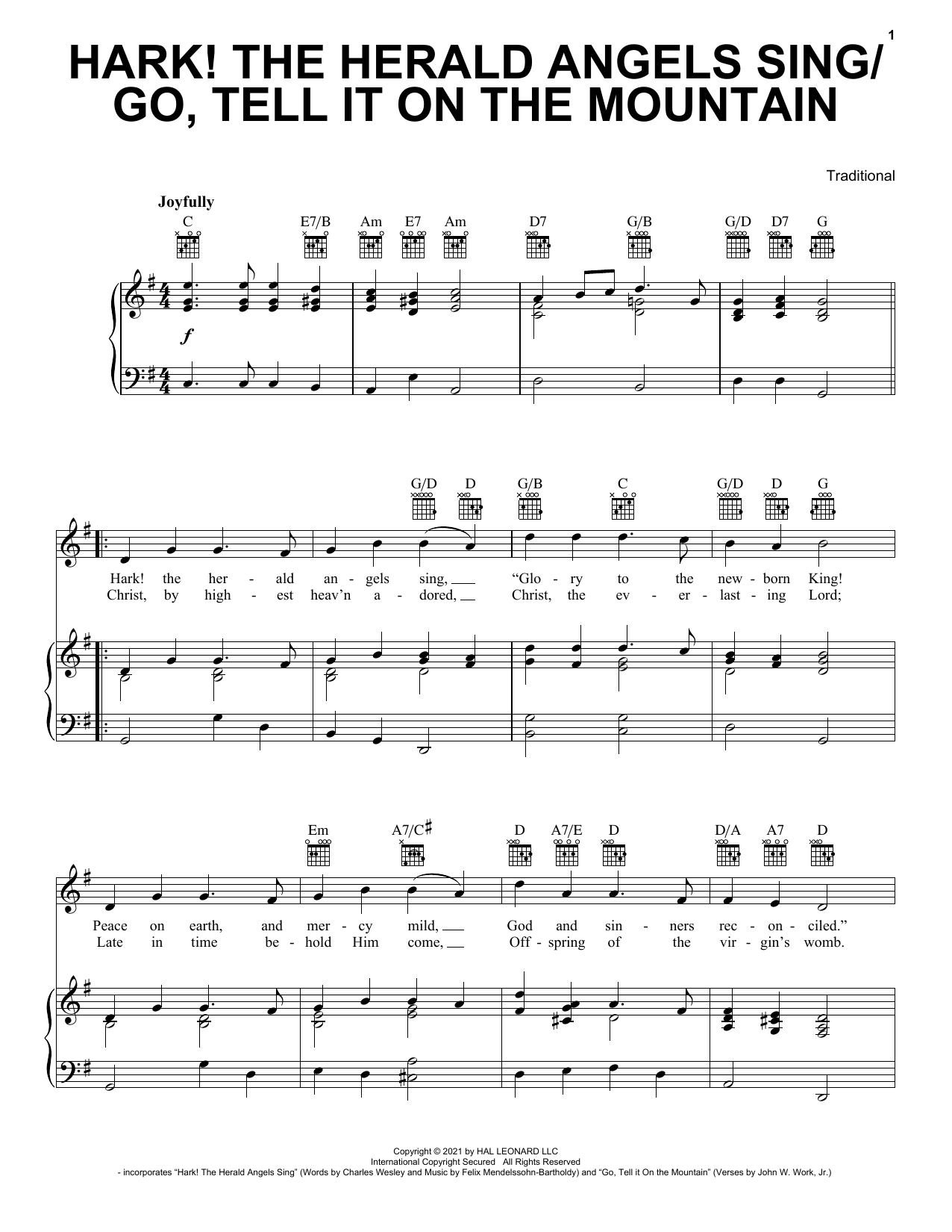 Various Hark! The Herald Angels Sing / Go, Tell It On The Mountain sheet music notes and chords arranged for Piano, Vocal & Guitar Chords (Right-Hand Melody)