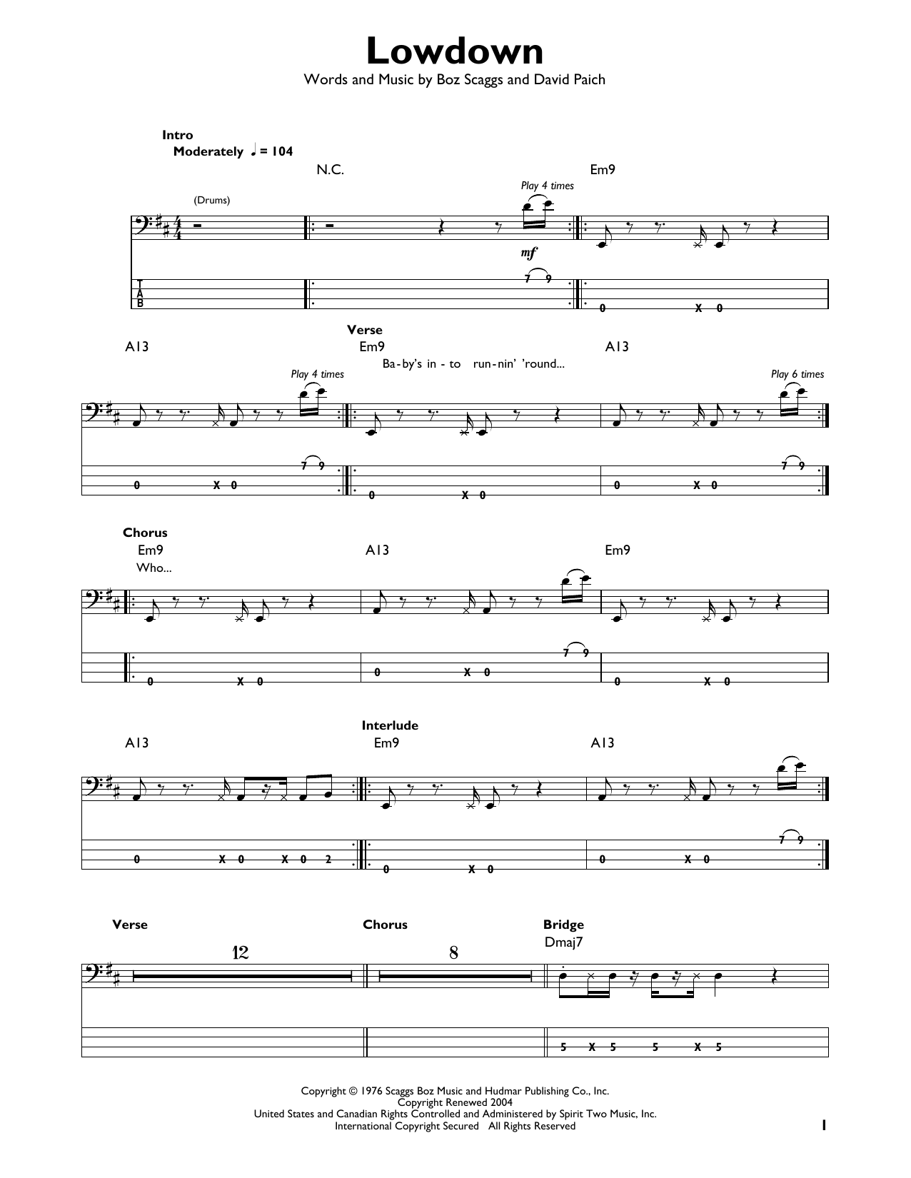 Various Lowdown sheet music notes and chords arranged for Easy Bass Tab
