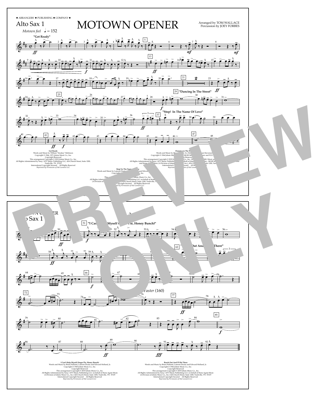 Various Motown Theme Show Opener (arr. Tom Wallace) - Alto Sax 1 sheet music notes and chords arranged for Marching Band