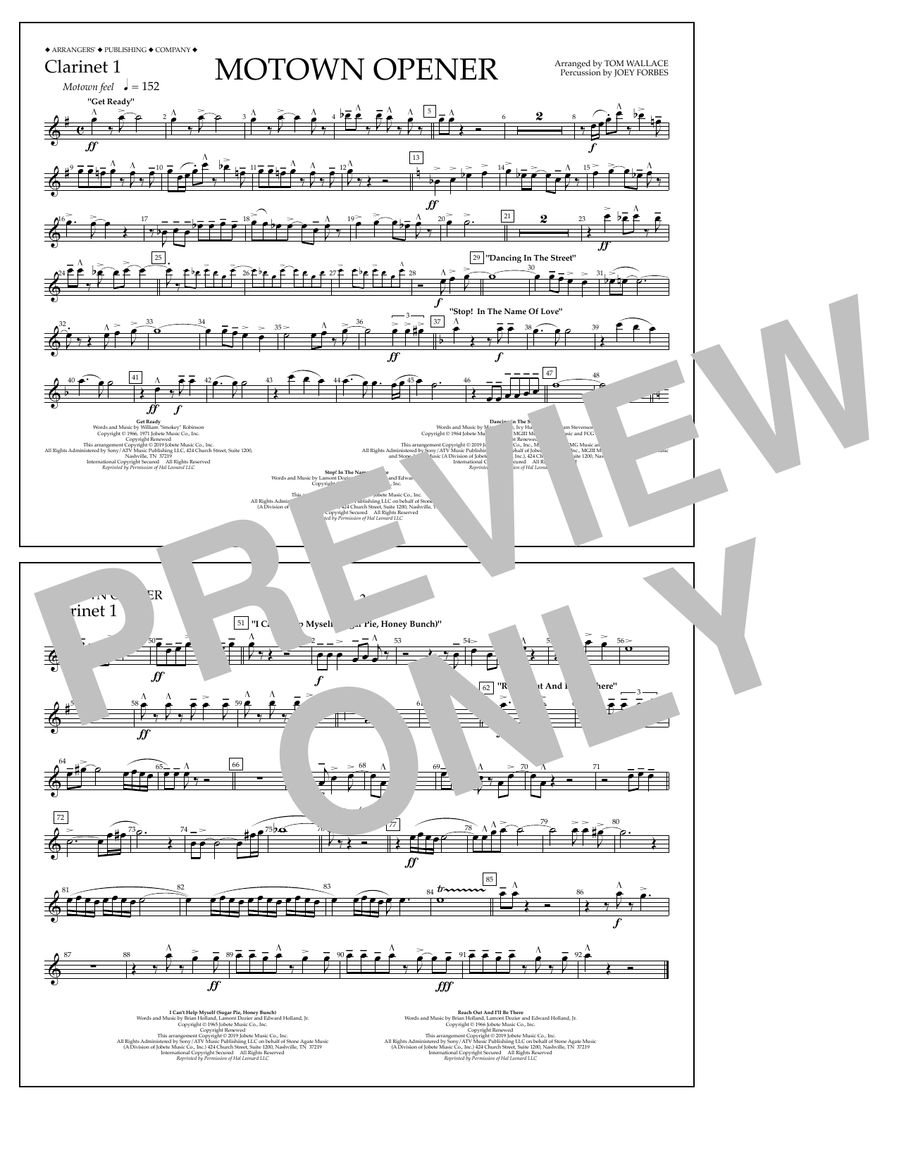 Various Motown Theme Show Opener (arr. Tom Wallace) - Clarinet 1 sheet music notes and chords arranged for Marching Band
