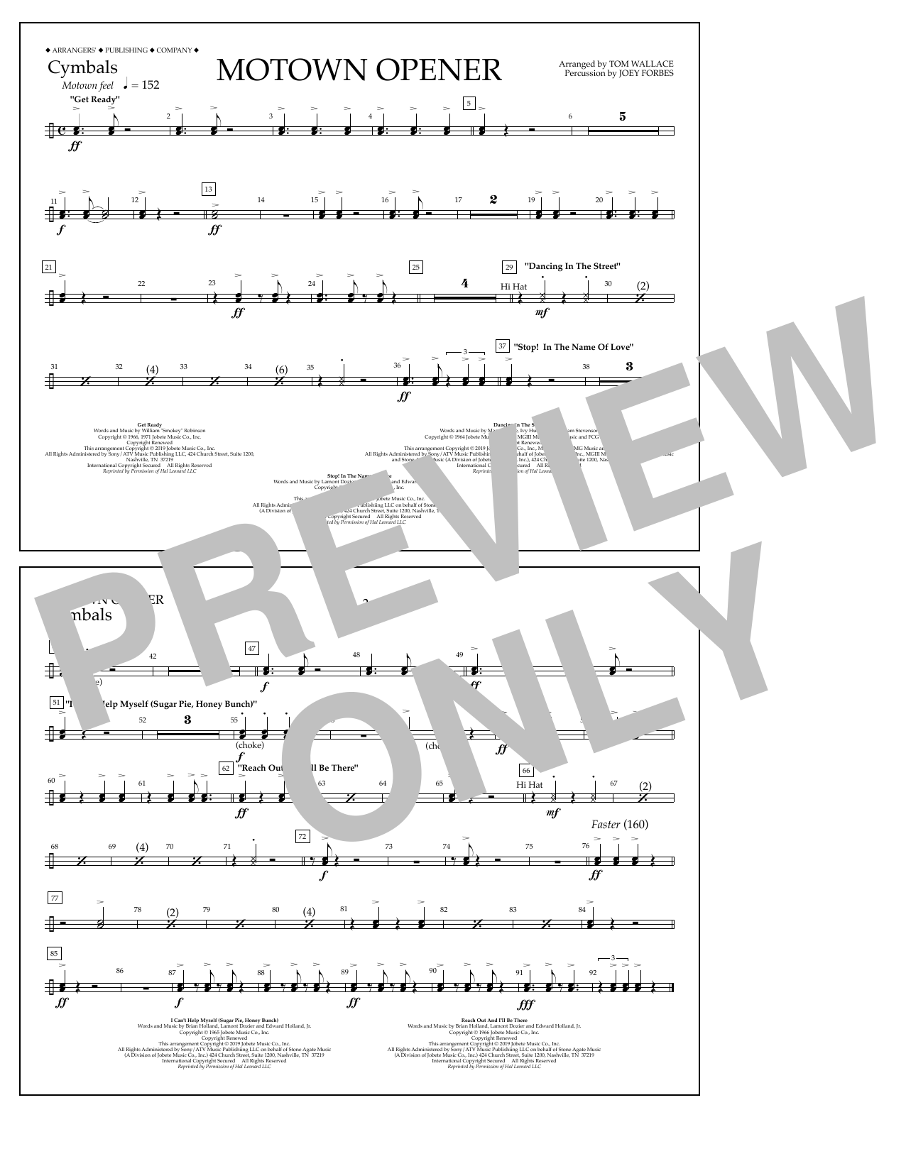 Various Motown Theme Show Opener (arr. Tom Wallace) - Cymbals sheet music notes and chords arranged for Marching Band