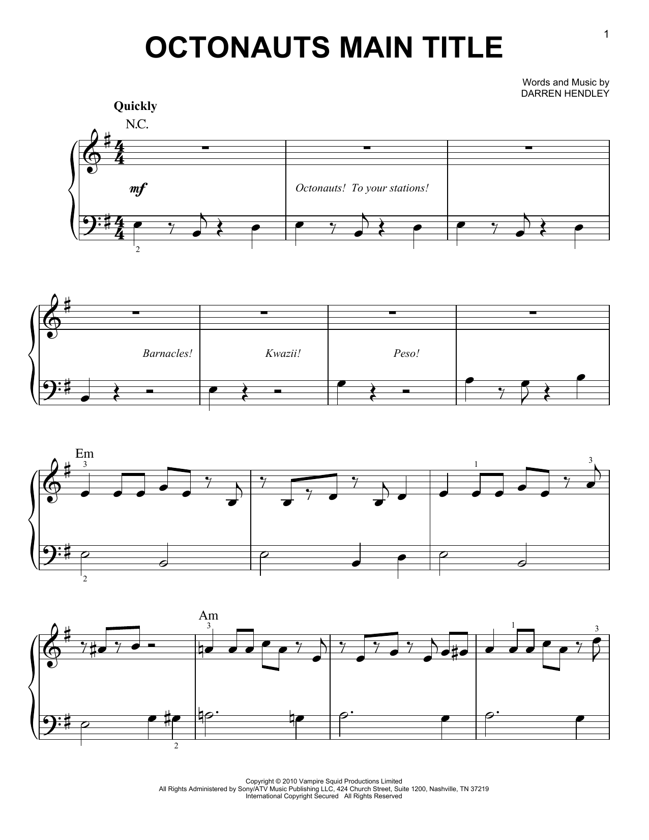 Various Octonauts Main Title sheet music notes and chords arranged for Easy Piano