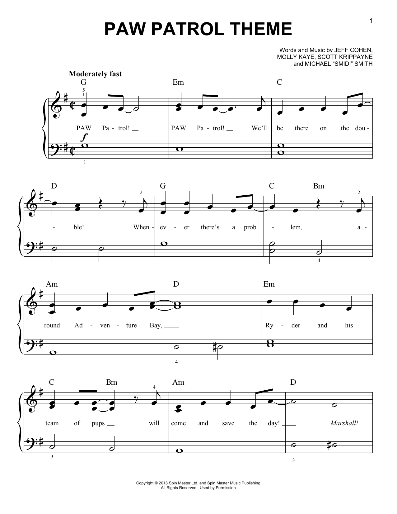 Various PAW Patrol Theme sheet music notes and chords arranged for Easy Piano