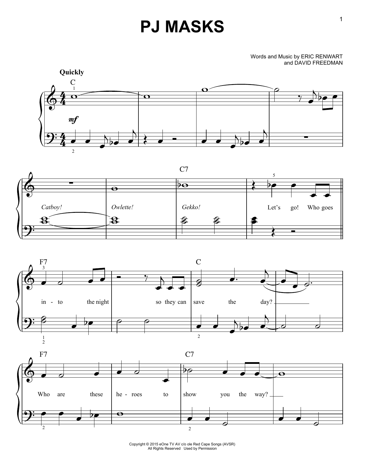 Various PJ Masks sheet music notes and chords arranged for Easy Piano
