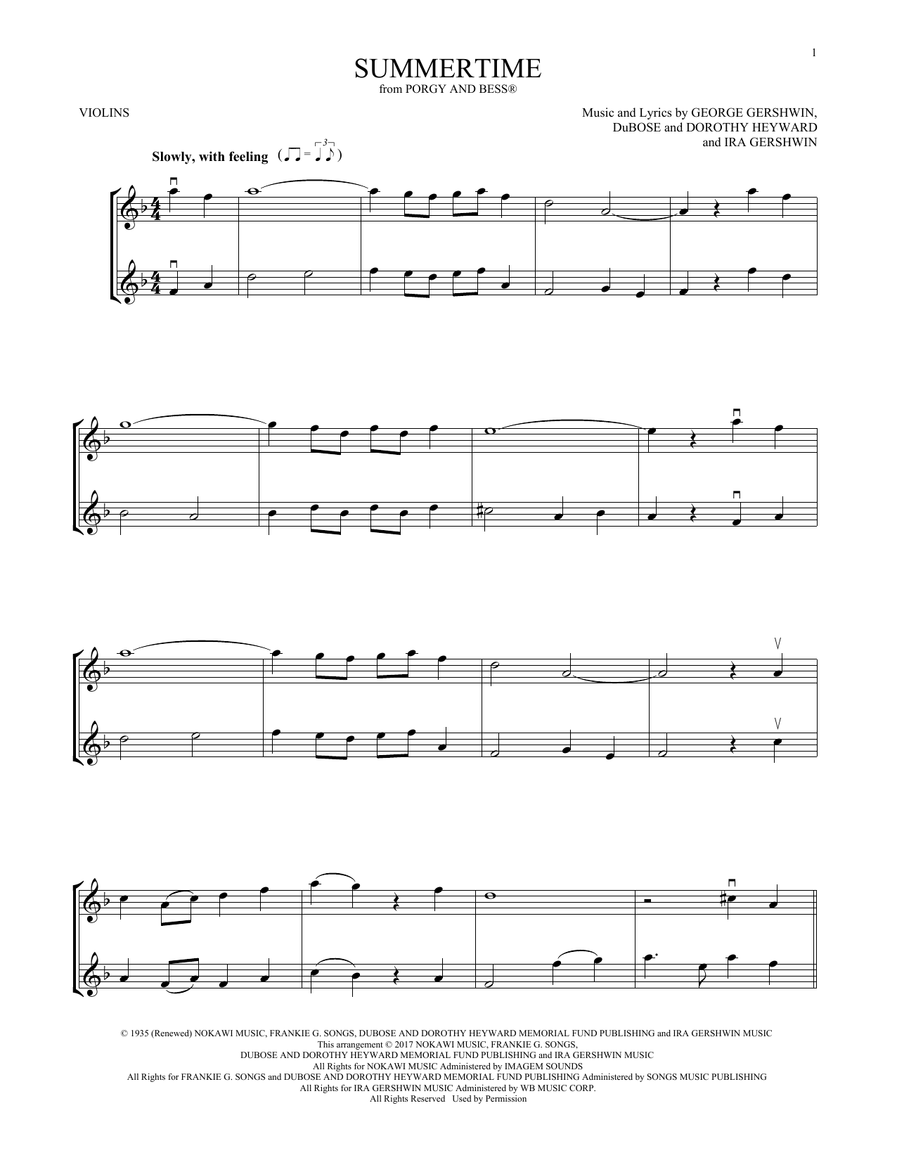 Various Summertime (from Porgy and Bess) sheet music notes and chords arranged for Violin Duet
