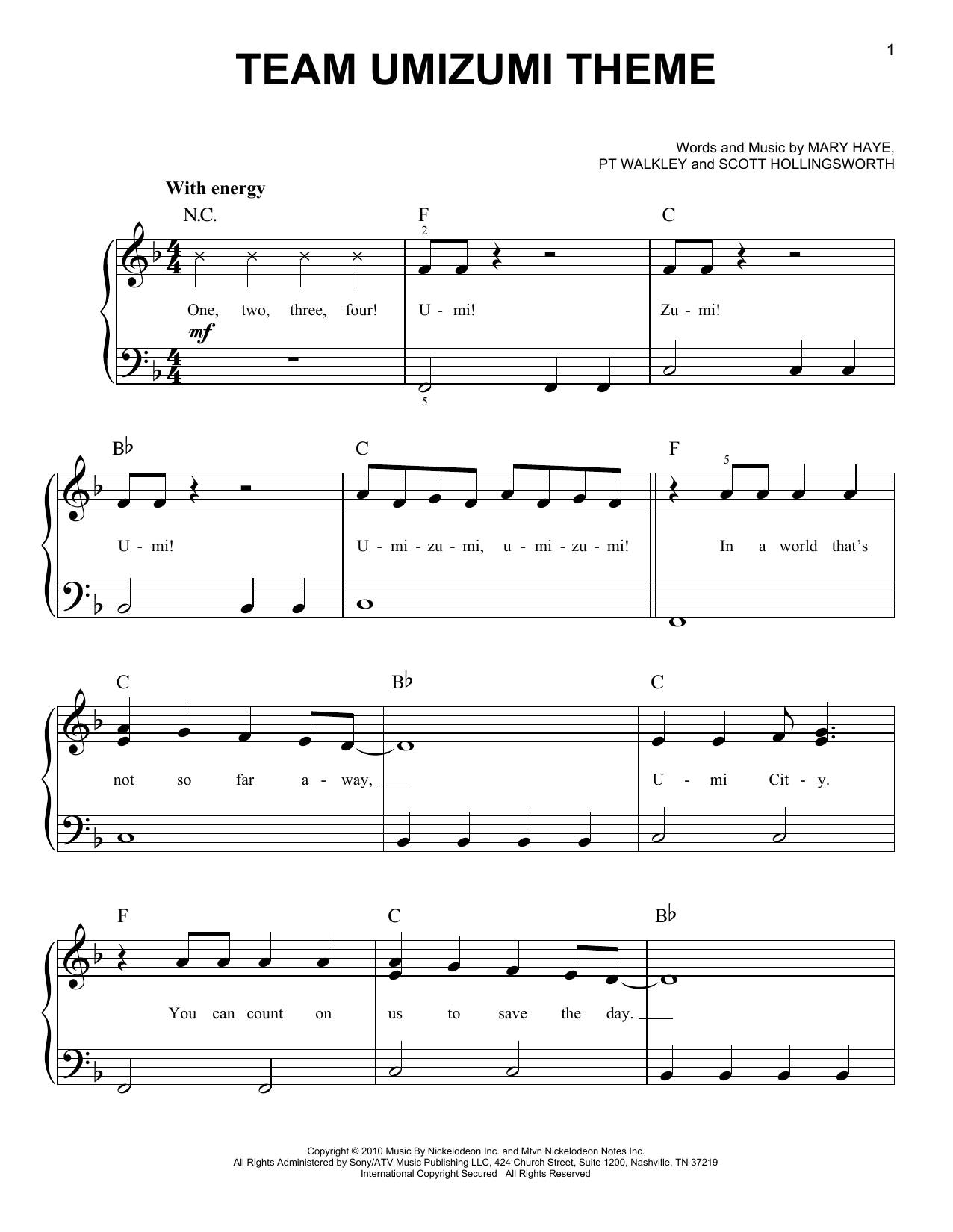 Various Team Umizumi Theme sheet music notes and chords arranged for Easy Piano